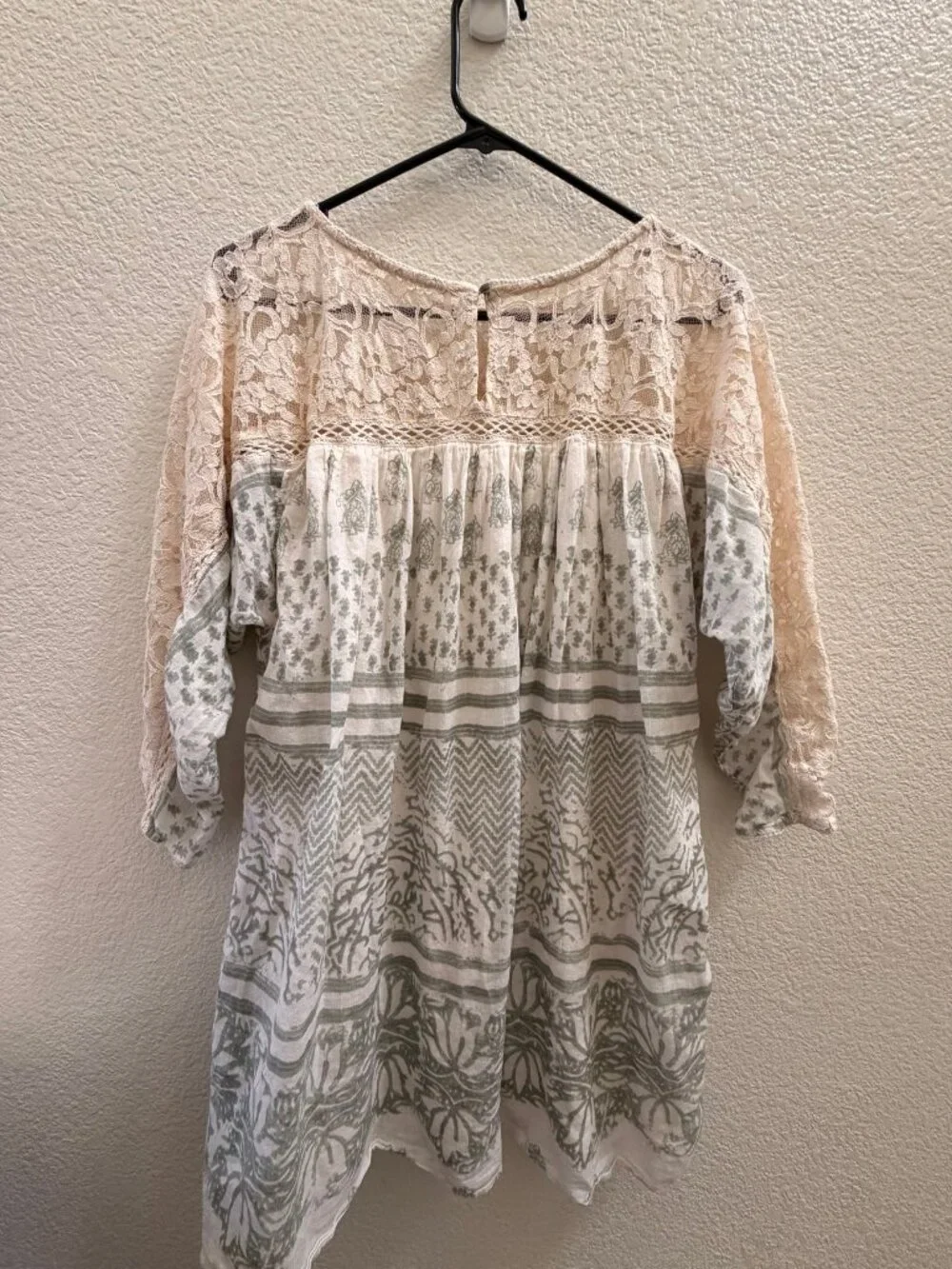 Free People Lace Yoke Tunic Top Sage Green Block Print S